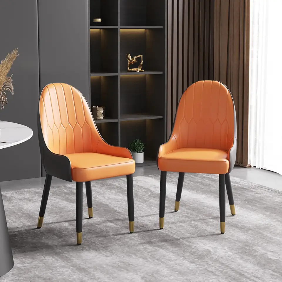 Set of 2 Dining Chairs - Dining Room Chair Set, Modern PU Leather Upholstered Kitchen Dining Chairs Set, Scandinavian Accent Chairs for Kitchen Dining Room Living Room Office, Orange and Coffee