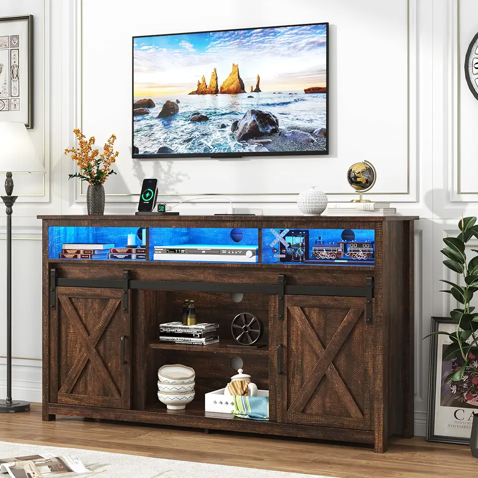 LED Farmhouse TV Stand for 65 inch TVs, Rustic Entertainment Center TV Cabinet Stands with Power Outlets, Wooden Sliding Barn Door TV Media Console Table Storage and Shelves, Brown