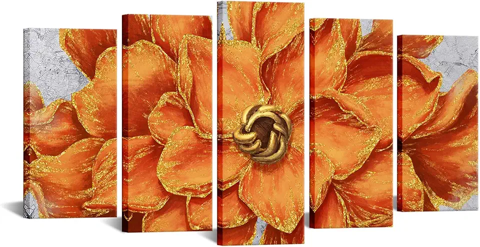 WELMECO 5 Panels Gold Orange Flower Painting Canvas Prints Close-up of Floral Picture Artwork Ready to Hang for Living Room Bedroom Wall Decoration