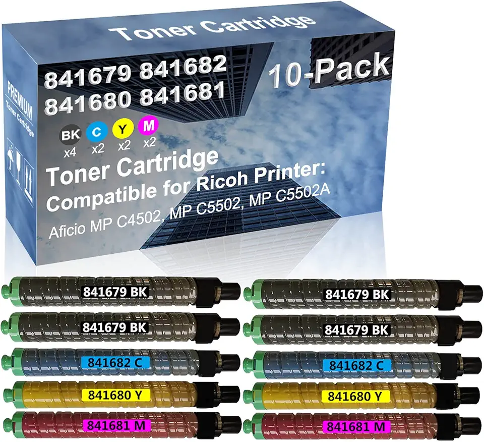 10-Pack (4BK+2C+2Y+2M) Compatible High Yield 841679+ 841682+ 841680+ 841681 Laser Printer Toner Cartridge Used for Ricoh MP C4502, MP C5502, MP C5502A Printer