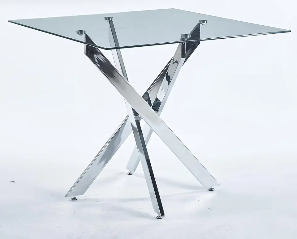 Glass Top Square Dining Table for 2-4 People, Stylish Coffee Table with Tempered Glass Top & Metal Tubular Legs, Space Saving Dining Room Table for Small Space Kitchen Apartment (Silver, 35.43