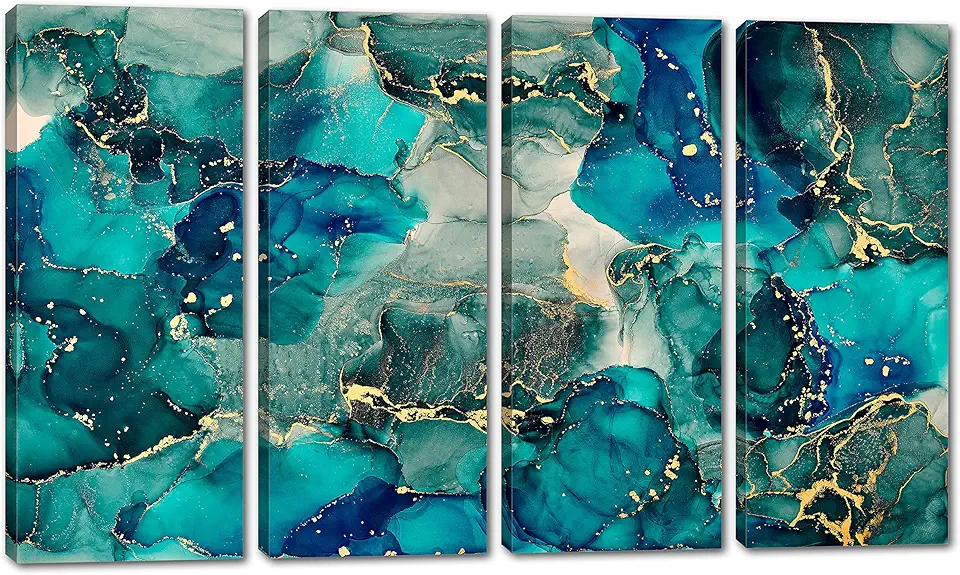 80 x 50 TOTAL - Abstract Marble Canvas Print Wall Art Green, Blue & Gold 4 Panel Split Liquid Marble Decor