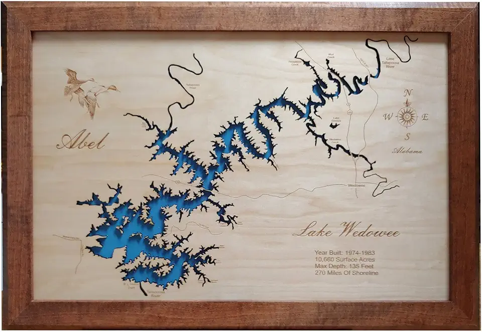 Lake Wedowee, Alabama: Framed Wood Laser Engraved Map | Custom Text Included | Wood Sign | Wall Hanging| Nautical Art | 2D Wood Map | Wall Art | Made to Order 31