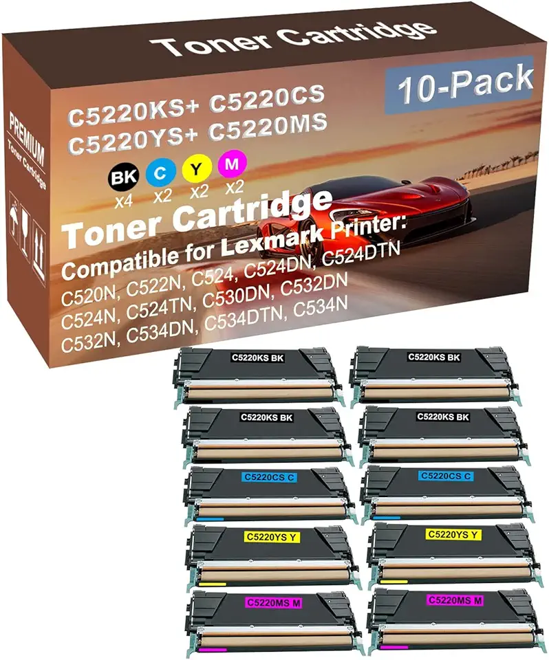 10-Pack (4BK+2C+2Y+2M) Compatible C524N, C524TN, C530DN, C532DN Printer Toner Cartridge High Capacity Replacement for C5220KS+ C5220CS+ C5220YS+ C5220MS Toner Cartridge