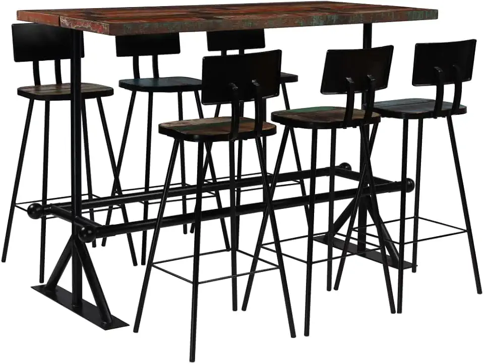 Industrial 7-Piece Bar Set Rectangular Dining Table with Chairs Solid Reclaimed Wood Multicolour Finish for Kitchen Dining Room and Home Bar