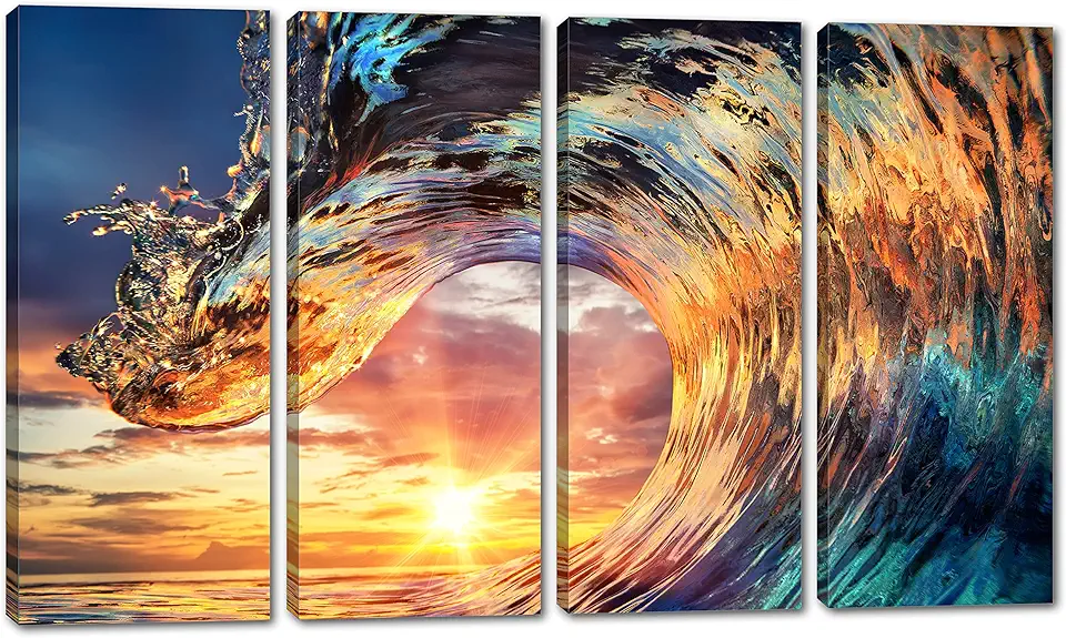 80 x 50 TOTAL - Big Ocean Wave Canvas Print Wall Art 4 Panel Split Huge wave around glowing orange sunset