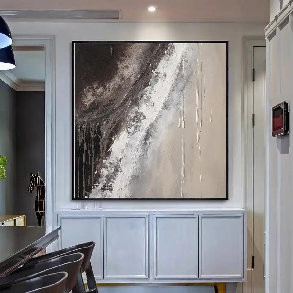 GYJAGHL Pure Hand Painted Textured Abstract Oil Paintings,Modern Decor,Oil On Canvas Wall Art,Black And Beige Textured Oil Painting,Unstretched,Frameless,(183X183cm) 72X72Inches