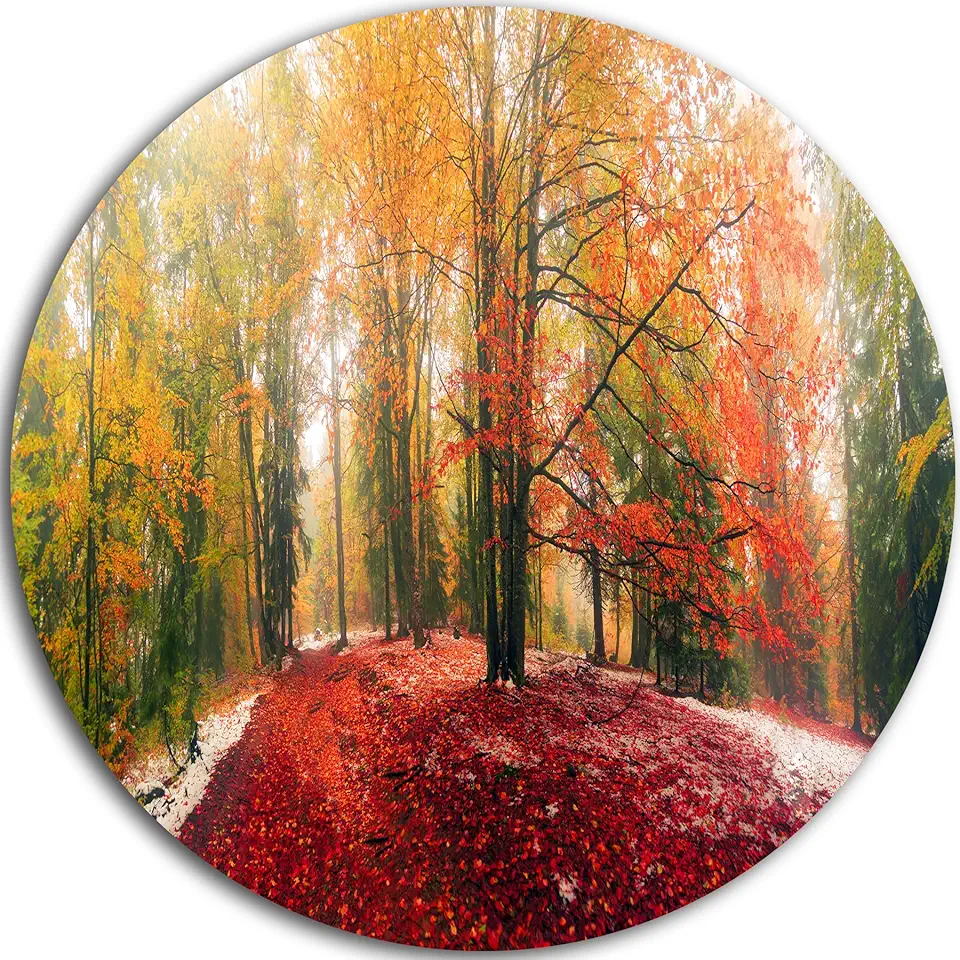 Designart Alpine Forest After Snowfall-Landscape Photo Round Metal Wall Art-Disc of 23, 23'' H x 23'' W x 1'' D 1P, Red