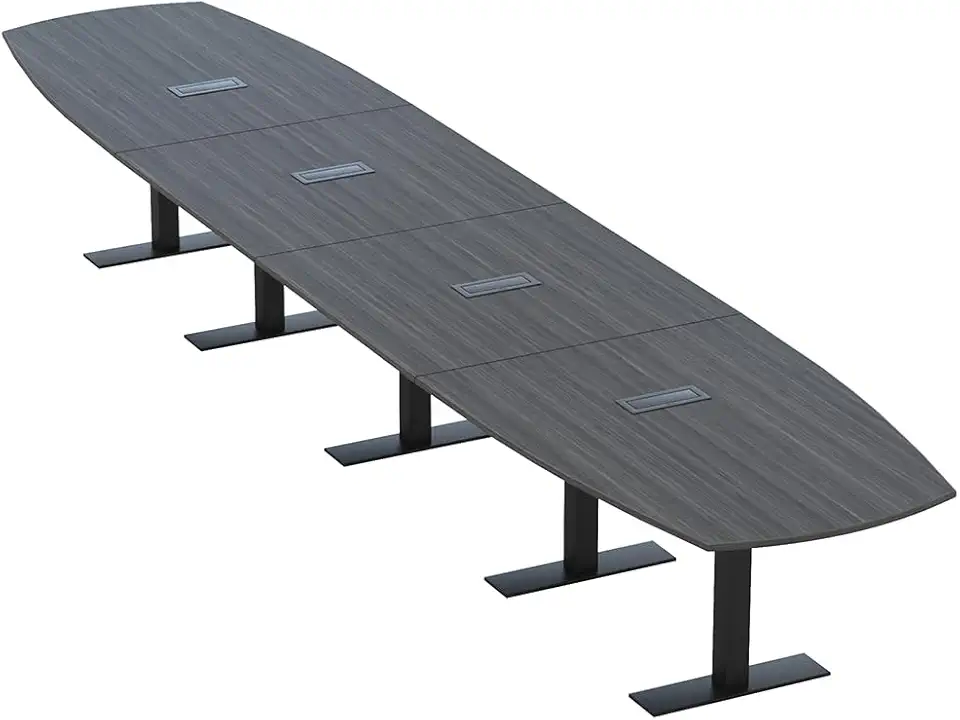 SKUTCHI DESIGNS INC. 20' Large Arc Boat Modular Conference Table with Data and Power | 20 Person Boardroom Table |Metal T Bases | Harmony Series | Asian Night with Matte Black Base