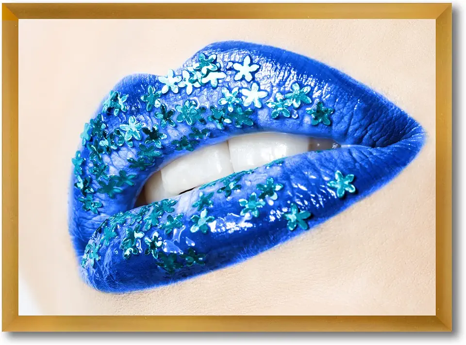 Beautiful Female Lips Blue With Flowers Modern Framed Wall Art