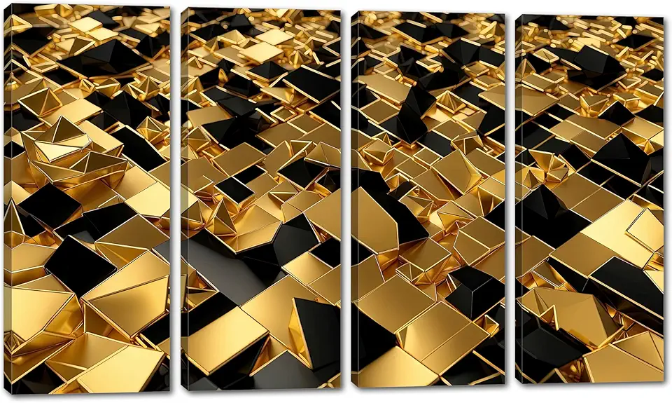 80 x 50 TOTAL - Geometric Wall Art Canvas Print 4 Panel Split Abstract Art with gold and black shapes