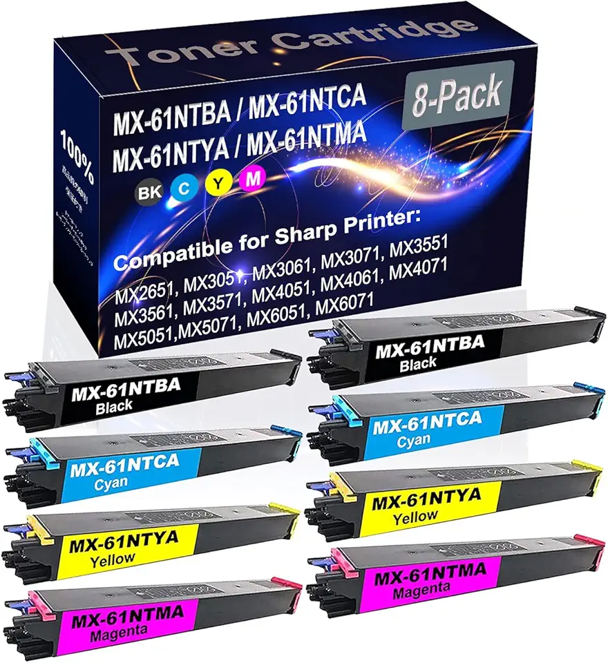 8-Pack (2BK+2C+2Y+2M) Compatible High Yield MX-61NTBA MX-61NTCA MX-61NTYA MX-61NTMA Printer Toner Cartridge use for Sharp MX2651 MX3051 MX3061 Printers