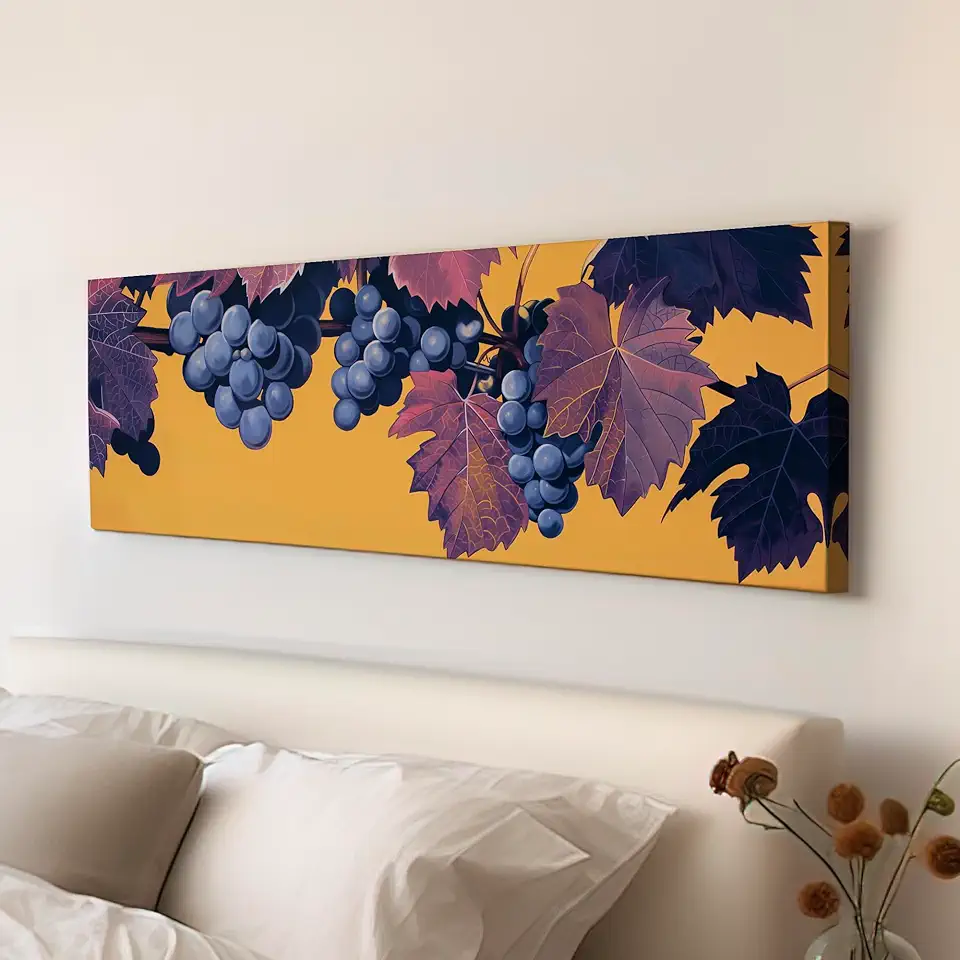 My Sweet Hideout Grape Branch Above Bed Wall Art Minimal, Panoramic Wine Tasting Canvas Print, Vineyard Long Horizontal Canvas Art 30x90