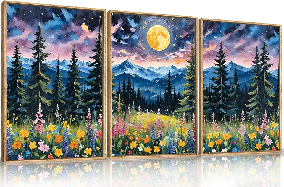 Colorful Mystical Mountain Moon Framed Canvas Wall Art Set,Dreamy Starry Moonlit Nature Forest Wall Decor,Modern Abstract Wildflower Pine Tree Landscape Artwork for Living Room-16