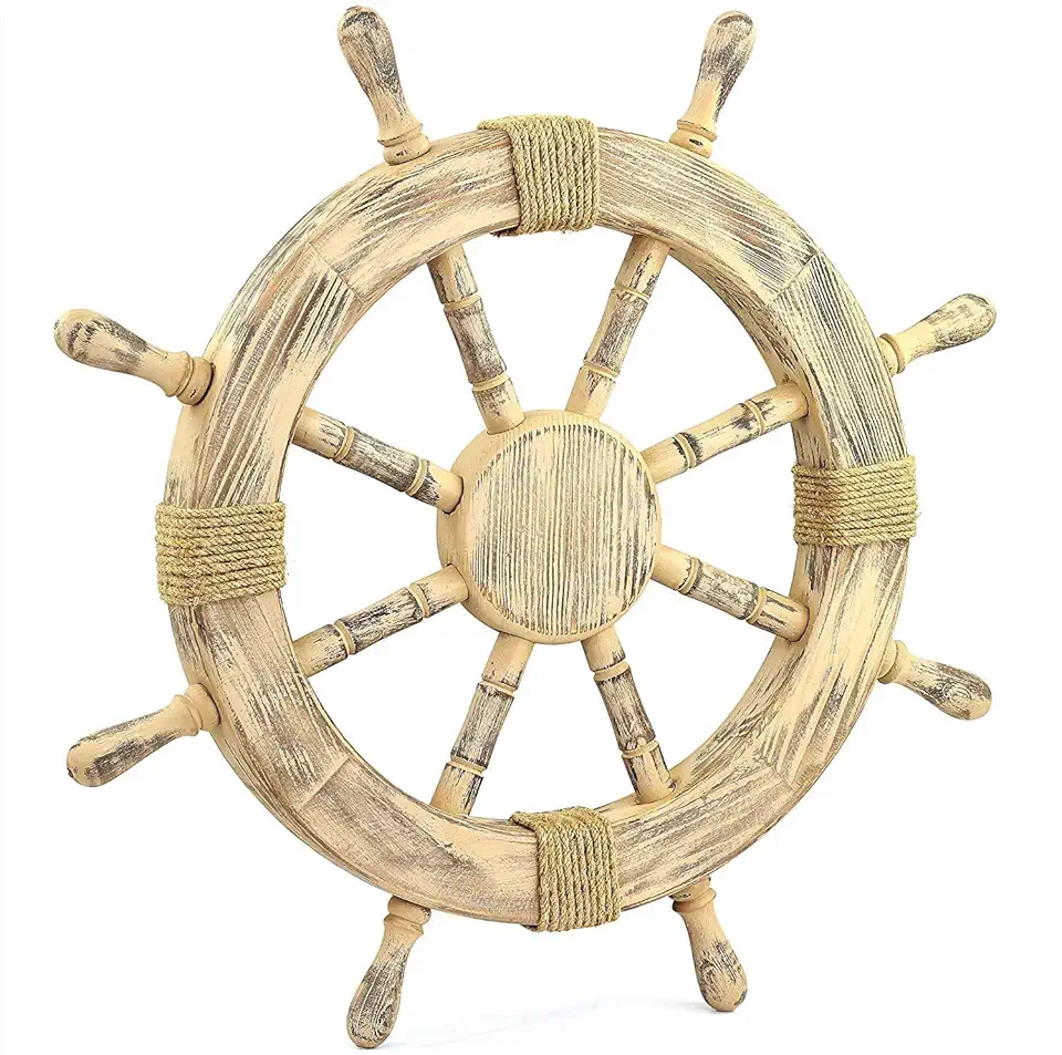 Beige Wooden Nautical Pirate's Ship Wheel | Pinewood Sailor's Boat Steering Wheel | Maritime Wall & Home Decor Hanging Signs | Vintage Captain's Style Beautiful Decoration Rope Ideas (72 Inches)