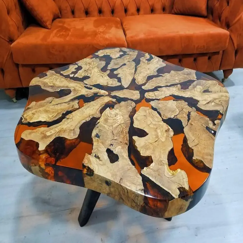 RESINHOMEFURNITURE Orange Epoxy Resin Coffee Table Unique Wood Flower Design Side Table, Living Room Table, Bedroom Table, Handmade Natural Wood Decor (30 Inches Tall, 66 x 66 Inches)