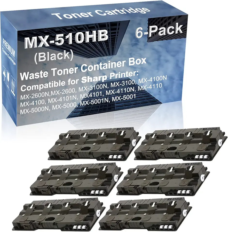 6-Pack Compatible High Capacity MX-510HB MX510HB Waste Toner Container Box use for Sharp MX-2600N,MX-2600, MX-3100N, MX-3100, MX-4100N Printer (Black)