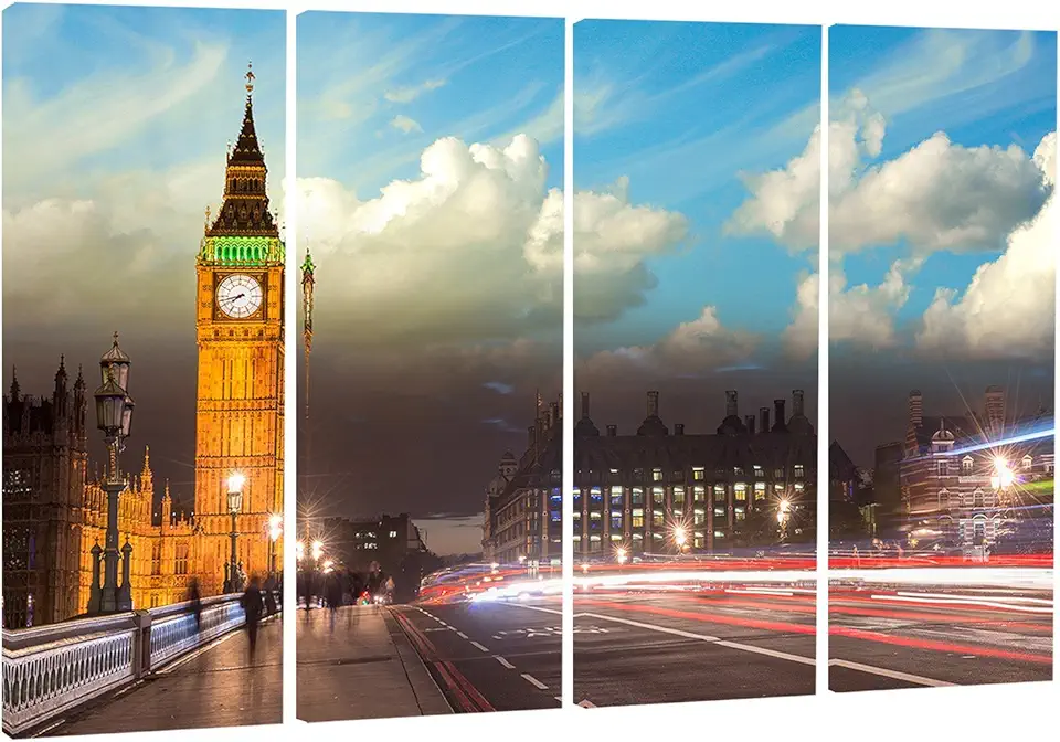 Designart Big Ben from Westminster Bridge-Cityscape Photo Metal Wall Art-MT8302-48x28-4 Panels, 28'' H x 48'' W x 1'' D 4P