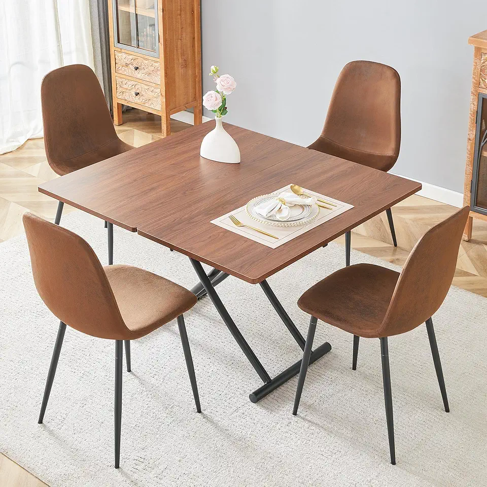 Modern Multifunctional Lift Dining Table Set for 4, Walnut Textured MDF Table with Adjustable Height Black Metal Legs and 4 Brown Tech Fabric Upholstered Chairs, Dining Room Furniture