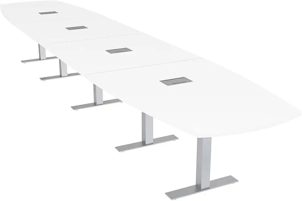 SKUTCHI DESIGNS INC. 20' Large Arc Boat Modular Conference Table with Data and Power | 20 Person Boardroom Table |Metal T Bases | Harmony Series | White