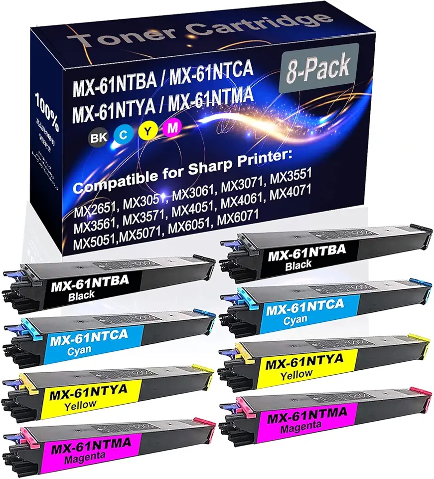 8-Pack (2BK+2C+2Y+2M) Compatible MX2651 MX3051 MX3061 Laser Printer Toner Cartridge (High Capacity) Replacement for Sharp MX-61NTBA MX-61NTCA MX-61NTYA MX-61NTMA Printer Toner Cartridge