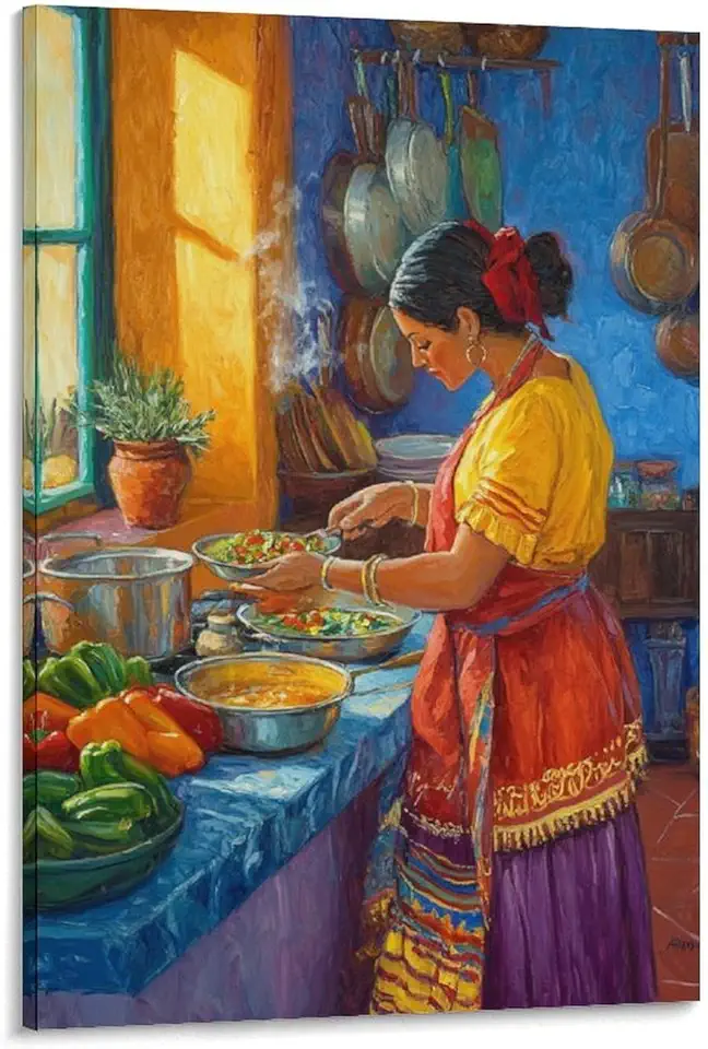 Mexican Colorful Countryside Kitchen Wall Art, Authentic Latino Cultural Gift Wall Decor Canvas Wall Art Poster 20x30inch(50x75cm)