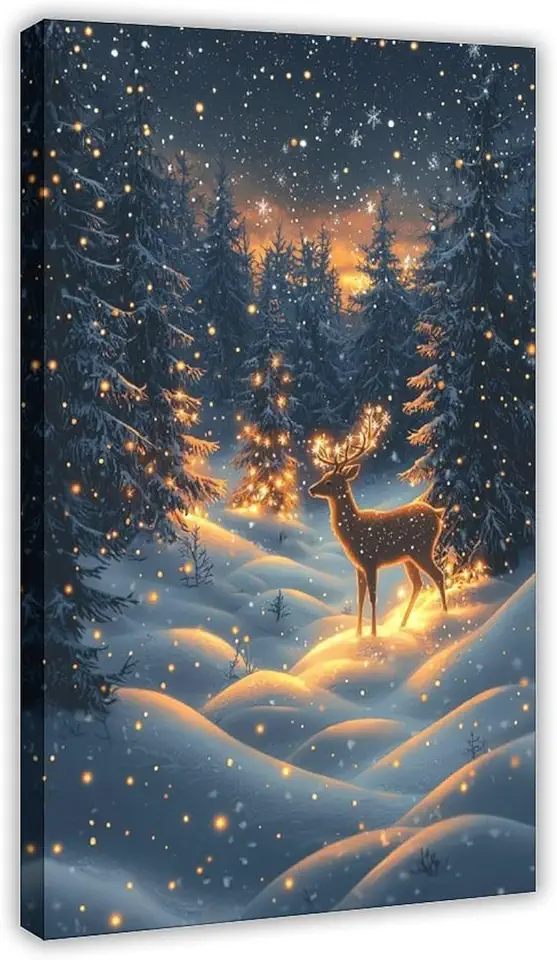 ZMLIS Stylish Christmas Decor – Snowy Forest, Deer & Geometric Holiday Trees Canvas Poster Wall Art Decor Print Picture Paintings for Living Room Bedroom Decoration Frame 20x30inch