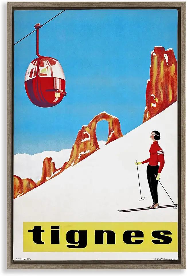 Stupell Industries Vintage Tignes Skiing Brown Framed Floater Canvas Wall Art Design by Vintage Lavoie, 21 x 31