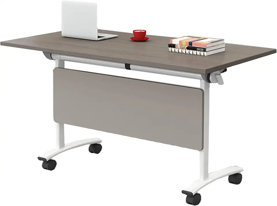 Portable Folding Conference Table on Lockable Wheels Rolling Training Table for Seminar Room Rectangular Mobile Meeting Table for Office and Classroom