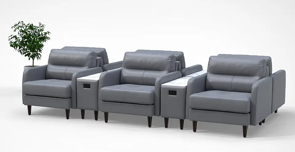 BREAKtime 6 Person Waiting Reception Lounge Chairs with Charging Tables Set Genuine 100% Leather Color Graphite Gray Corporate Offices Commercial Retail Spaces Model 8226 10pc