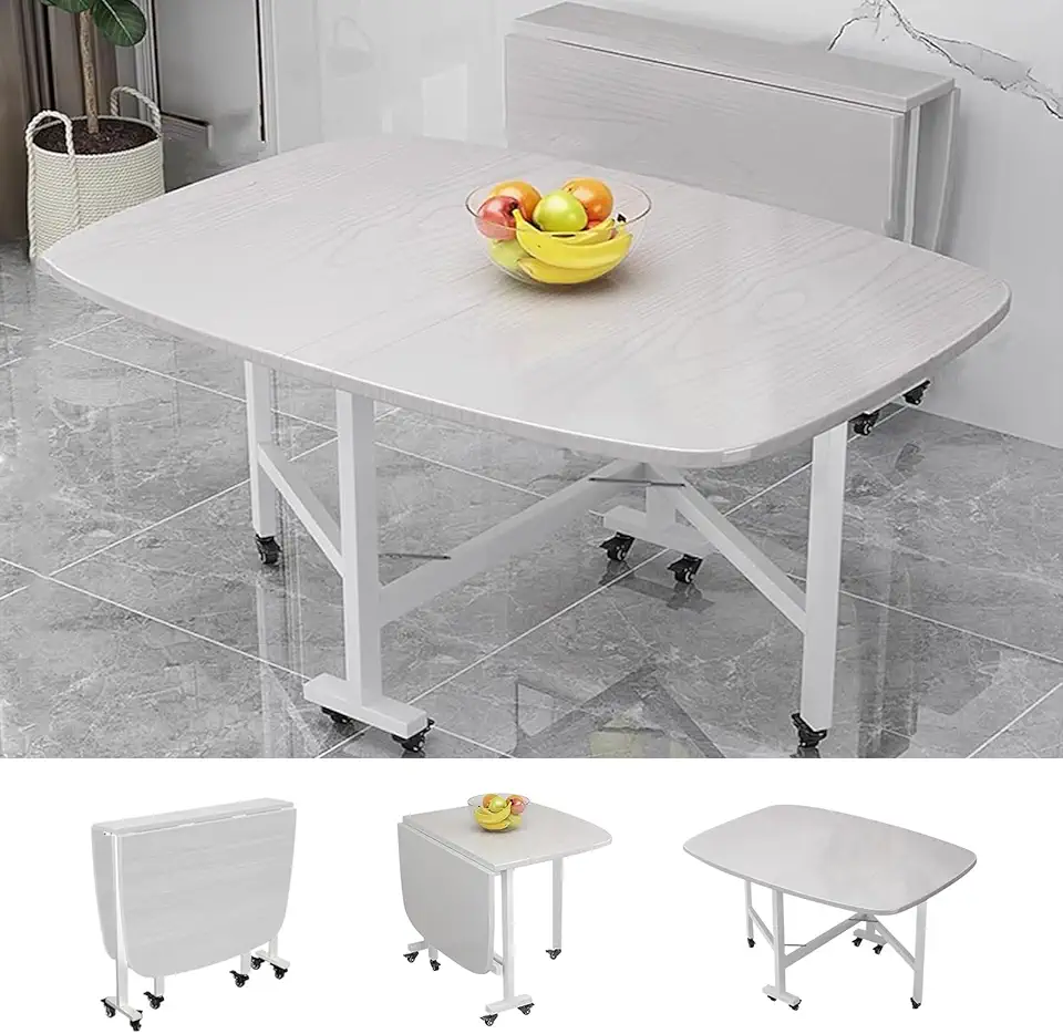Multifunction Expandable Folding Table, Folding Dining Table with Wheels, Carbon steel support frame, Rounded corners, Mobile Folding Dining Table for Small Spaces Kitchen, Bedroom, Living Room(White,
