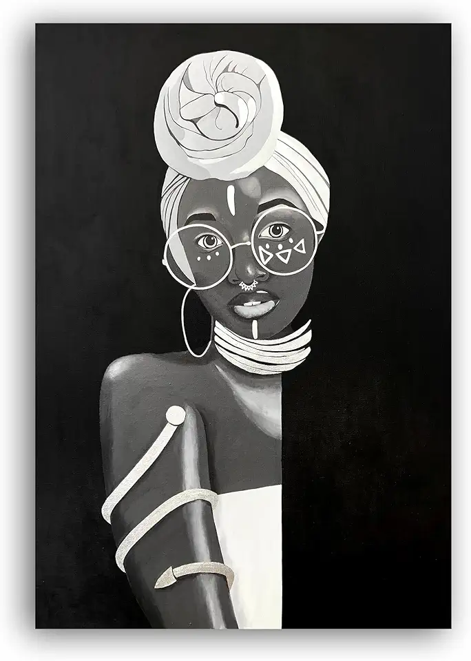 40 x 28 Inch | Geometry and Grace | Acrylic | Pop-art portrait of an African woman Original Handmade Modern Abstract Oil Canvas Painting Wall Artwork