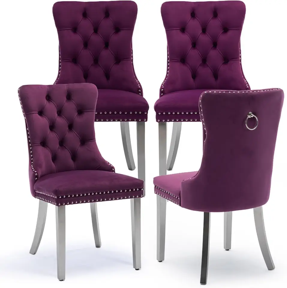 Velvet Upholstered Dining Chairs Set of 4, Modern Kitchen Side Chairs with Nailhead Trim and Silver Plated Leg, Metal Pulling Ring for Dining Room Living Room(Purple-Silver Plated Leg)
