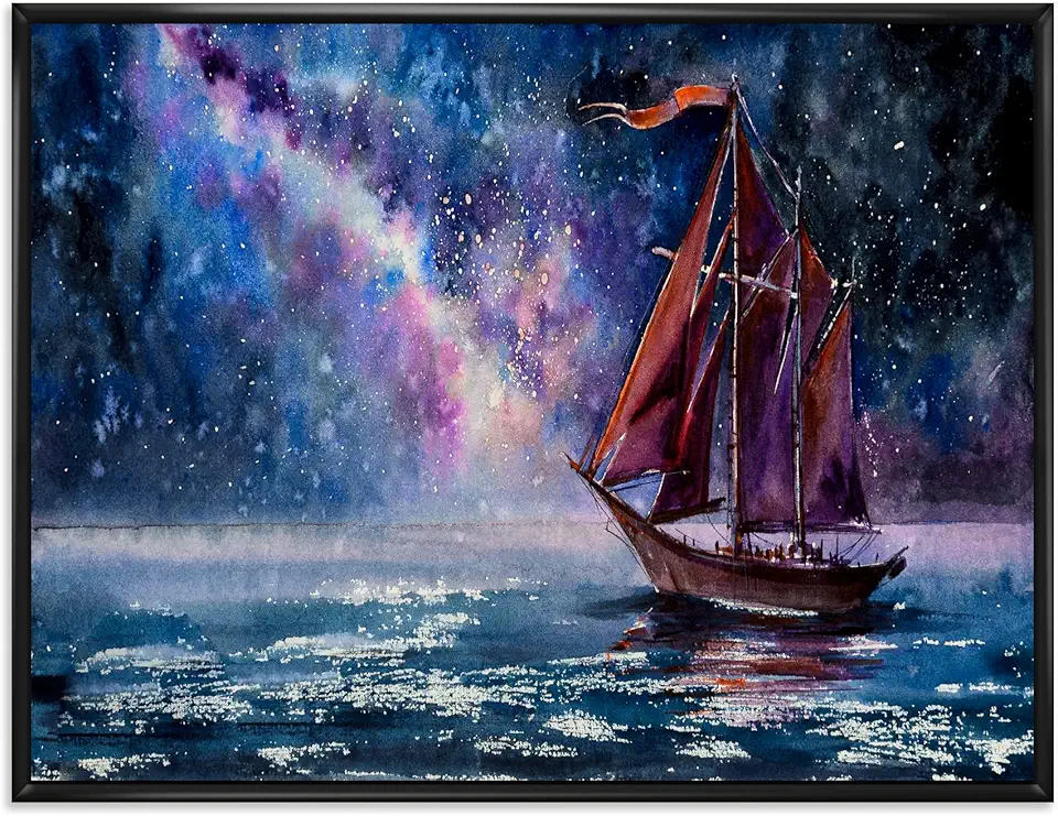 Wooden Sailboat With Red Sails & Bright Night Sky - Nautical & Coastal Framed Canvas Wall Art Print