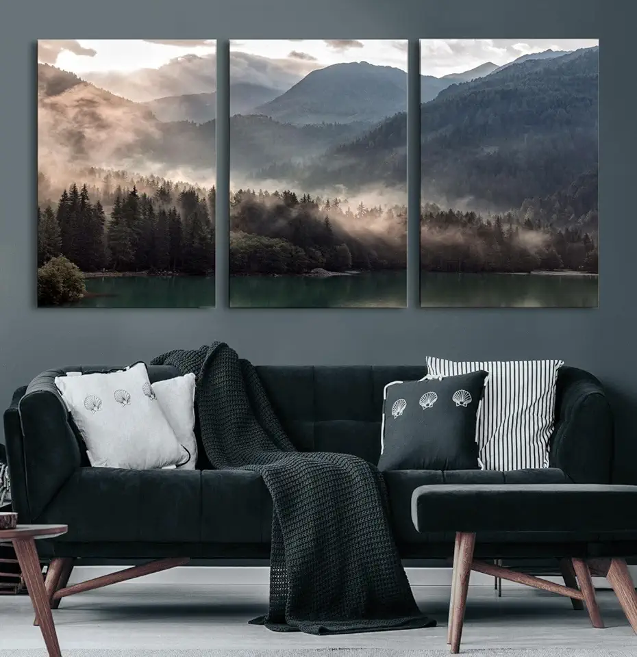 Sami Eymur Foggy Mountain Canvas Print Forest Wall Art 3 Panel Canvas Print/Gallery Wrapped / 90