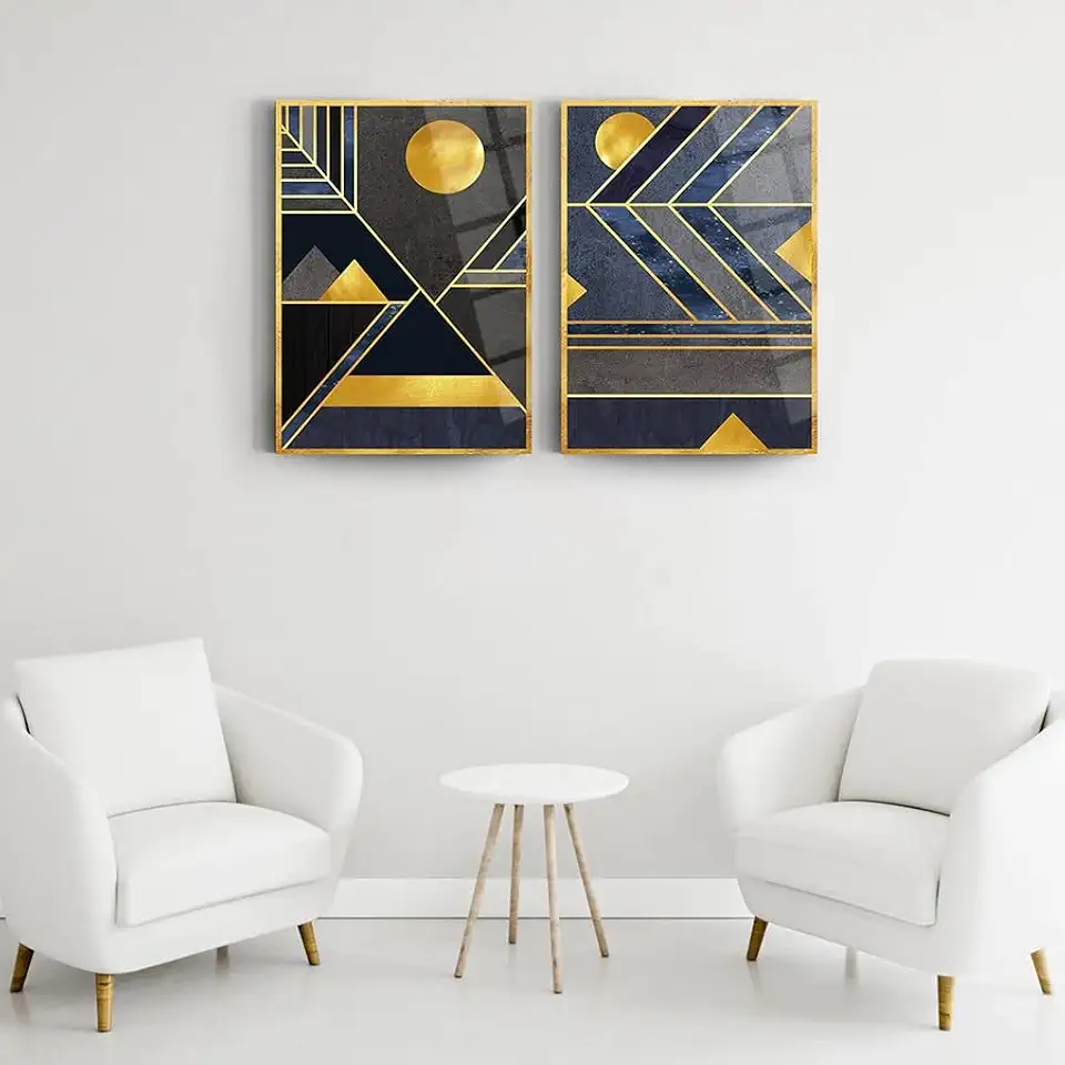 Geometric Design 72 Set Of 2 Wall Decor , Glass Wall Art, Frameless Free Floating Tempered Glass Panel, Living Room Decoration (27.5”W x 39.3”H – 70x100cm Each Piece)