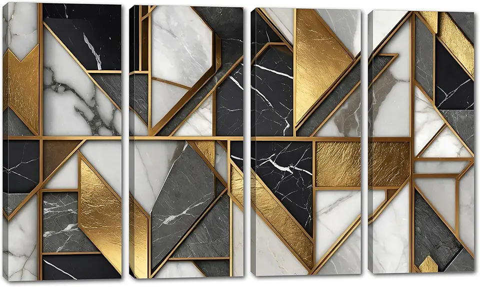 80 x 50 TOTAL - Geometric Complex Wall Art Canvas Print 4 Panel Split triangular shapes in black, gray and gold