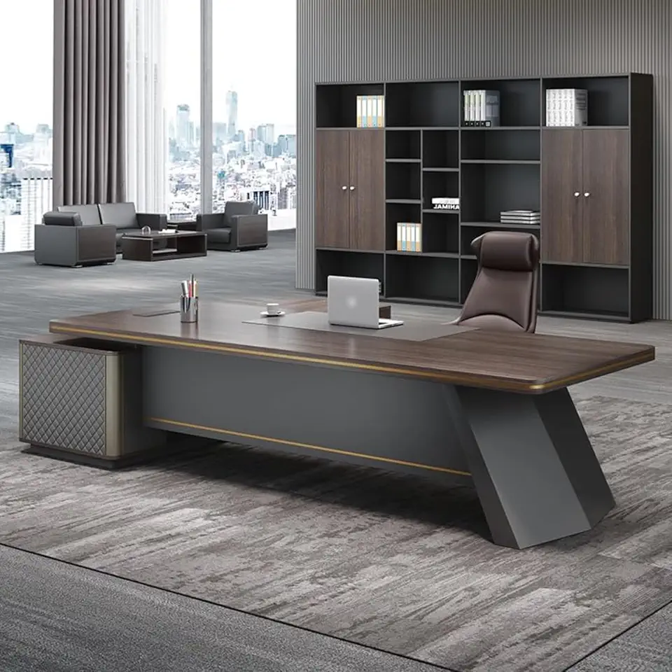 Brown L Shaped Executive Office Desk, Modern Computer Desk with Storage Cabinet, Writing Gaming Table Business Furniture Set