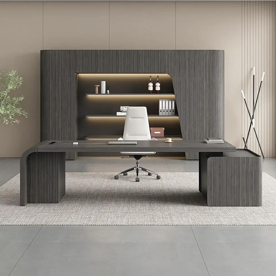 Rustic Computer Table for Home Office with Lateral Cabinet, L Shaped Executive Desk with Bottom Shelves Gaming Table Workstation Drawers, Business Furniture for Home Office