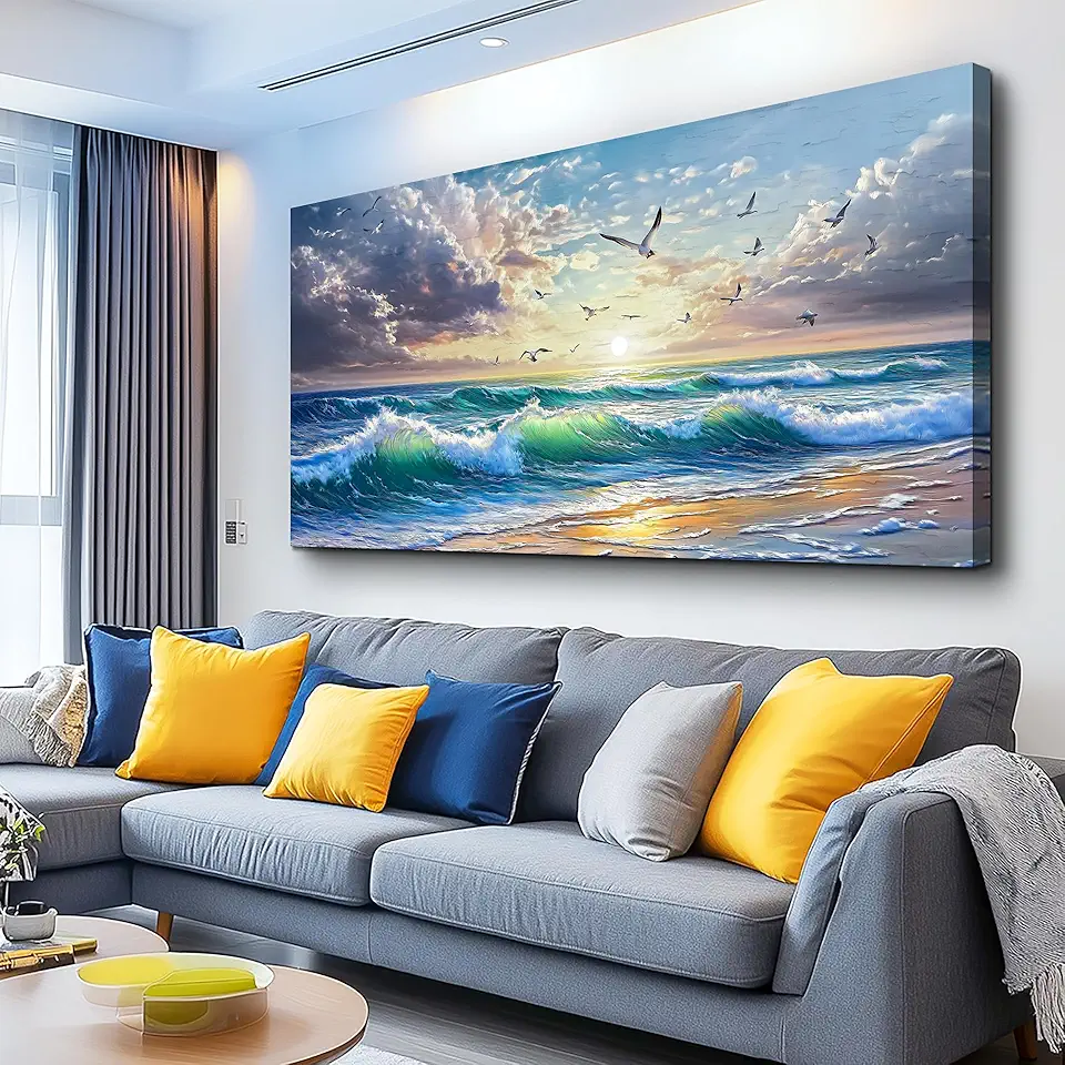 PHAOHUAXM Canvas Wall Art For Living Room Wall Decor For Bedroom Restaurant Modern Office Home Decorations Seaside Landscape Painting Printing Pictures Artworks Poster Mural Ready To Hang 24
