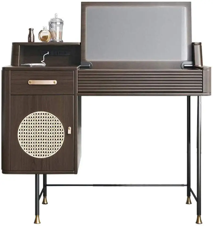 NEW Retro Vanity Table Set with Square Flip Mirror Multifunction Dressing Table Cushioned Stool Drawers Bedroom Makeup Table Furniture for Women/Girl