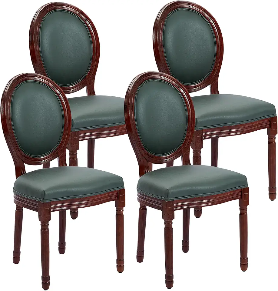 Kiztir Leather Dining Chairs Set of 4 French Country Dining Chairs with Round Back, Farmhouse Upholstered Dining Accent Chairs with Nailhead Trim, Mid Century Modern, Walnut Wood Frame (Green)