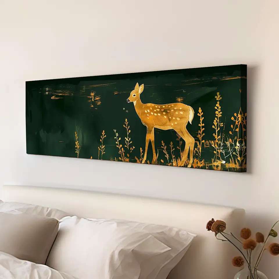 My Sweet Hideout Gold And Green Deer Above Bed Wall Art Neutral, Panoramic Wildlife Canvas Print, Minimal Long Horizontal Canvas Art 30x90