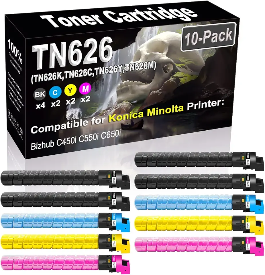 10-Pack (4BK+2C+2Y+2M) Compatible High Yield TN626 TN-626 | TN626K TN626C TN626Y TN626M Laser Printer Toner Cartridge Used for Konica Minolta Bizhub C450i C550i C650i Printer