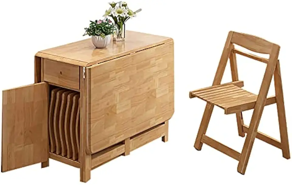 Folding Dining Table Set with Drop Leaf Wheels Drawer – Solid Farmhouse Design Space-Saving Kitchen Island with Chairs for Small Spaces