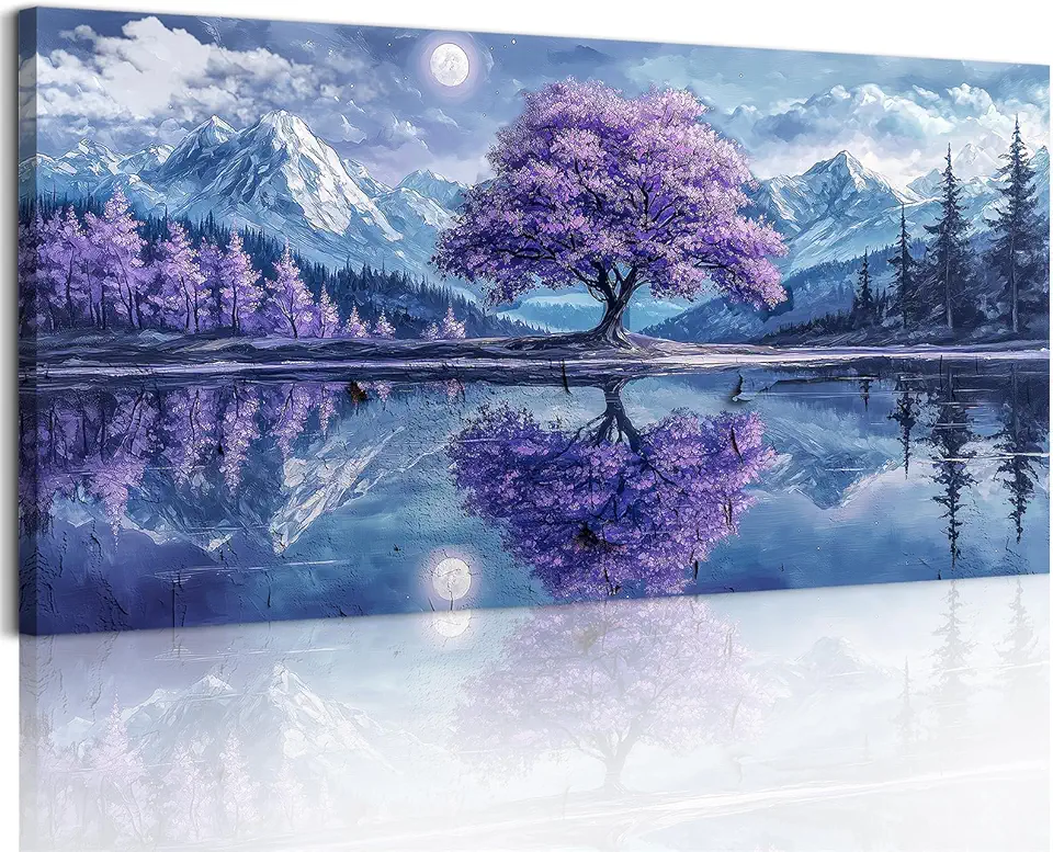 SERIMINO Tree of Life Large Wall Art for Living Room, Fantasy Landscape Canvas Prints, Snow Mountain Lake Pictures, Purple Tree Paintings Wall Decor for Bedroom, Office Decor 24