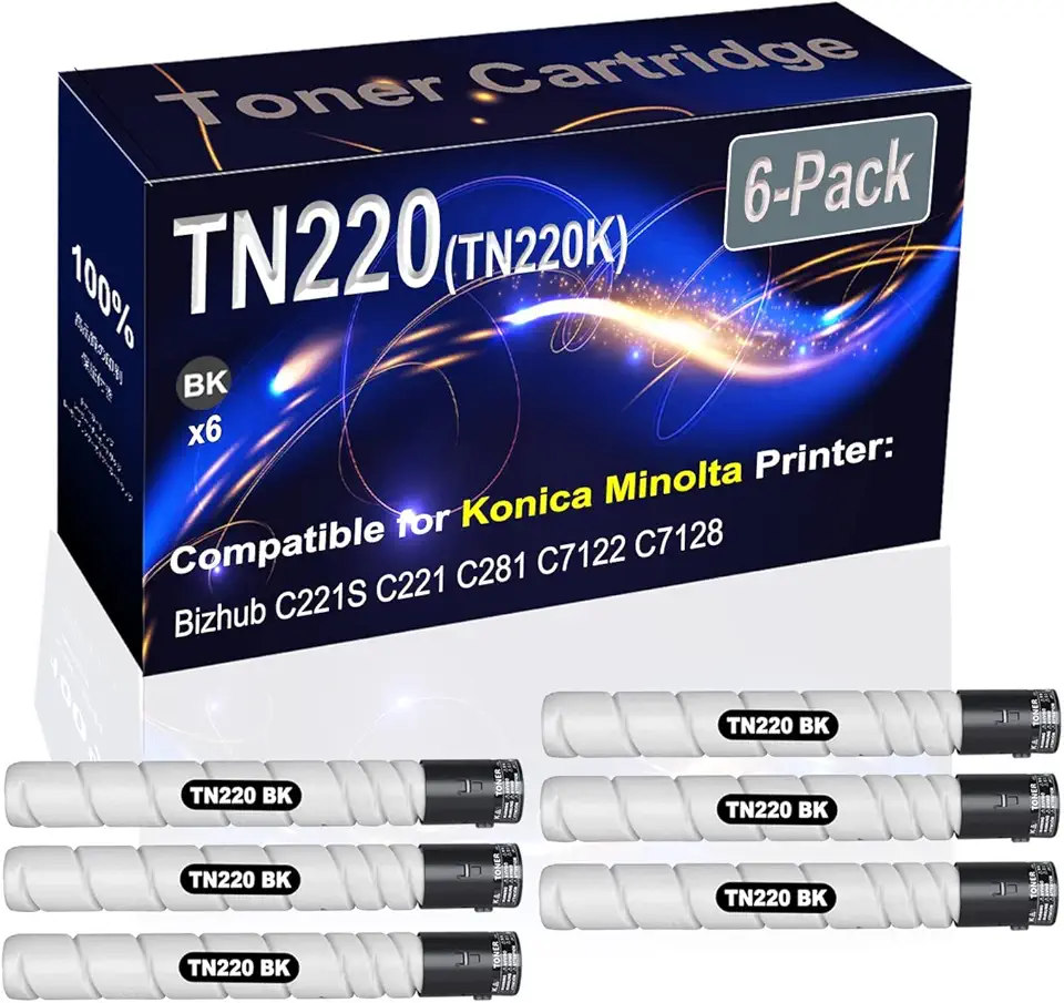 6-Pack (Black) Compatible TN220 TN-220 TN220K Printer Toner Cartridge (High Capacity) fit for Konica Minolta Bizhub C221S C221 C281 C7122 C7128 Printer