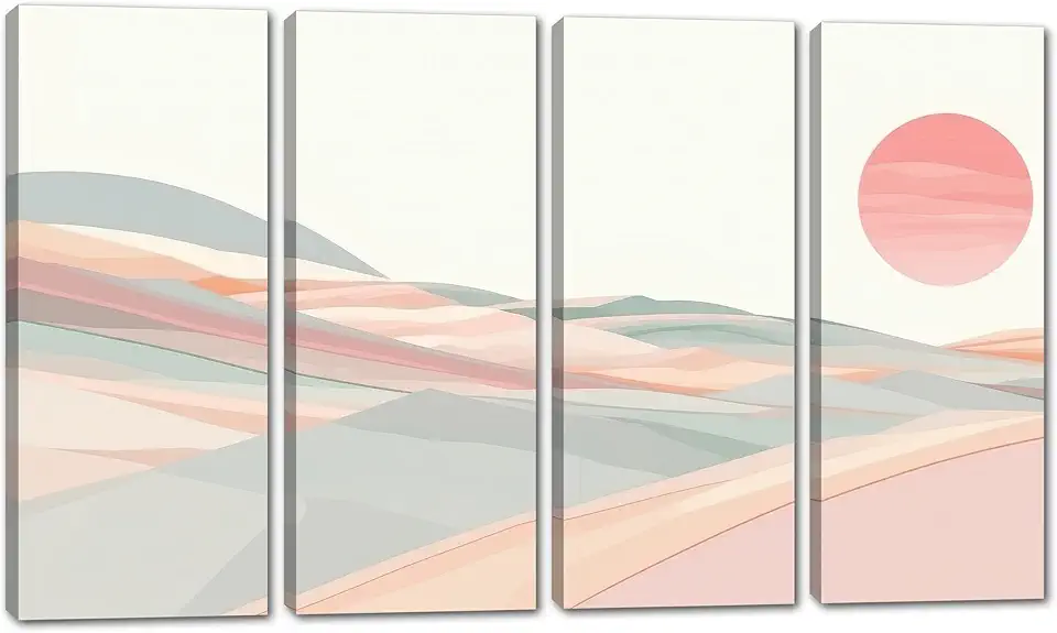 80 x 50 TOTAL - Minimalist Landscape Canvas Wall Art soft pastel colors Print of hills and sun - 4 Panel Split