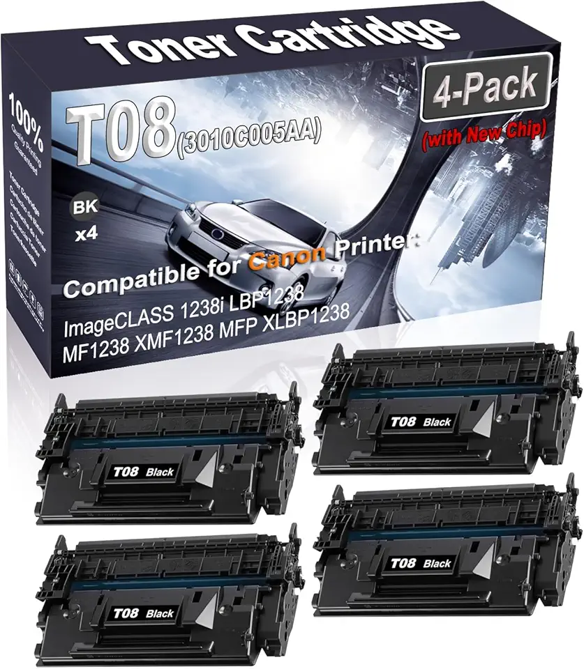 4-Pack (Black) Compatible T08 3010C005AA (with New Chip) Printer Toner Cartridge (High Capacity) fit for Canon ImageCLASS 1238i LBP1238 MF1238 XMF1238 MFP XLBP1238 Printer