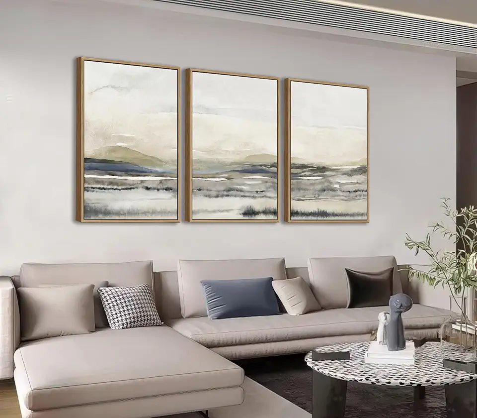 Shoci Large Framed Neutral Abstract Wall Art Modern Gray Plain Canvas Artwork Natural Float Framed Minimalist Grey Green Mountain Lake Prints Decor for Living Room Bedroom Office 16X24 Inch Set of 3
